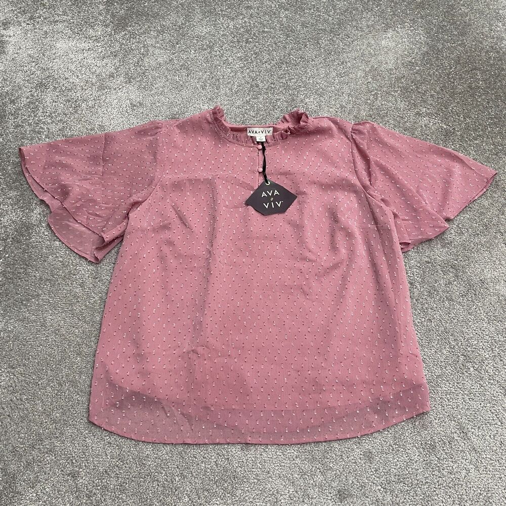 Ava & Viv Swiss Dot Chiffon Blouse Women X Pink Crew Neck Bell Sleeve Casual NWT